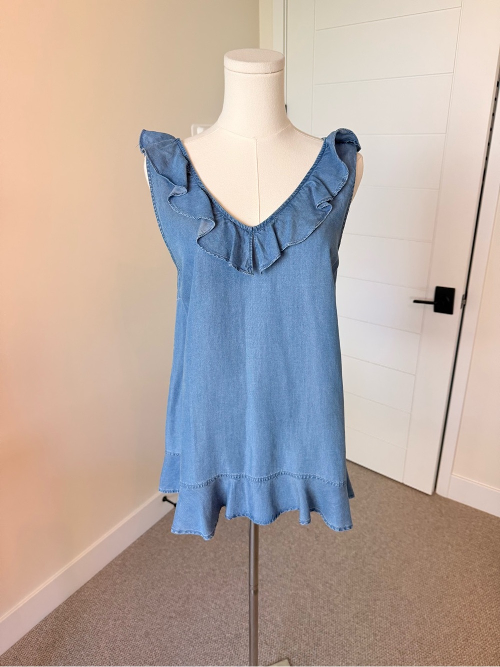 Doe & Rae Soft Light Blue Chambray Tank with Ruffle Trim